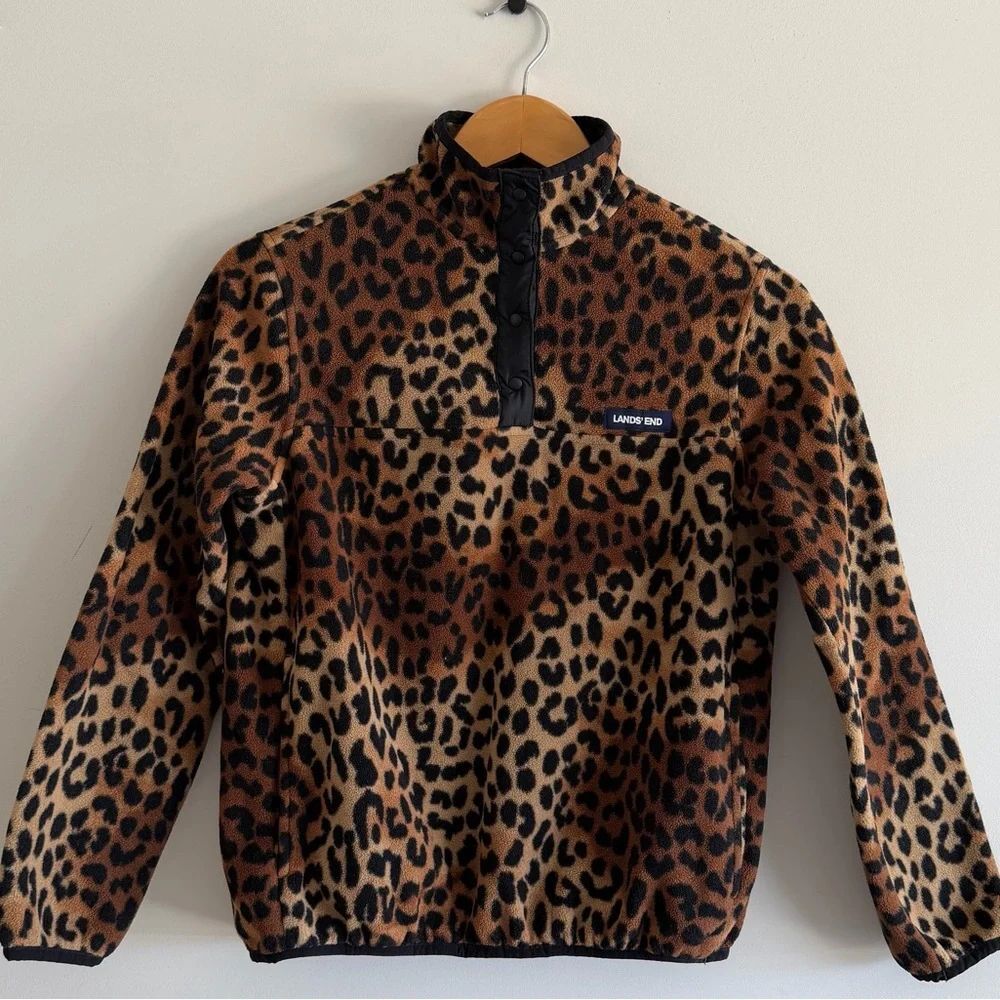 LandsEnd Womens XS Leopard Print Fleece Pullover Snap Mock Neck Sport Outdoor